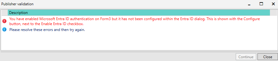 Picture showing the Entra ID Publishing Error. 